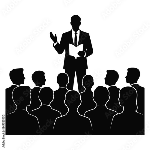 A silhouette of a speaker in a suit is giving a presentation to an audience, a lecturer is teaching a group of students in a classroom