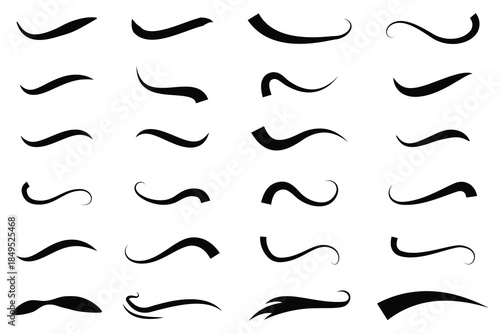 Swoosh icon set. Set of hand drawn black calligraphy swoosh. Set of hand drawn black calligraphy swoosh. Curly swish tails and sporty plume swirl logo vector elements. Set of mustachos.