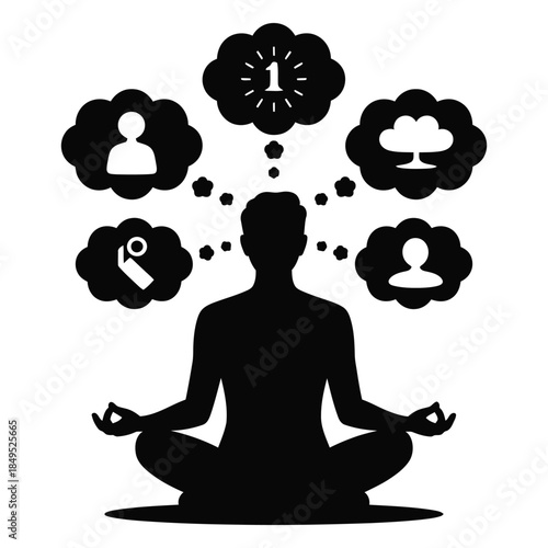 Silhouette of person meditating in lotus pose, surrounded by thought bubbles representing ideas, people, time, and cloud computing