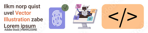 Digital security, AI technology, coding, biometric verification, online identity, web development. Fingerprint icon, robot on computer code symbol. Digital security and AI technology concept