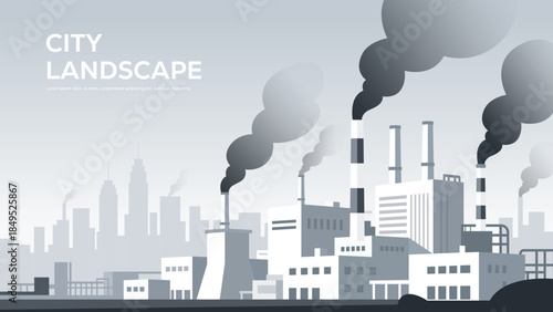 Industrial city skyline with smokestacks emitting pollution, a visual representation.