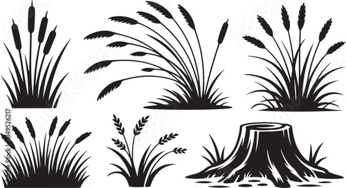 Grass, Reed, and Ground Silhouette Set Featuring Wild Meadow Plants, Cattails, Bush Bases, and Tree Stump Landscape Elements in Black Vector Style
