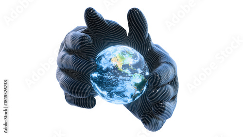 Artificial Intelligence taking over the world, Robotic black hand reaching out to the globe - ACES illustration created by 3D render.