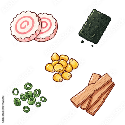 Set of vector illustrations featuring Japanese ramen toppings including narutomaki, nori seaweed, corn, bamboo shoots, and scallions.