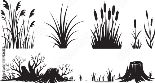 Grass, Reed, and Wetland Silhouette Set Featuring Cattails, Meadow Plants, Bush Bases, and Tree Stump Landscape Elements in Black Vector Style
