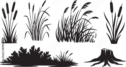 Grass, Reed, and Ground Silhouette Set Featuring Wild Meadow Plants, Bush Bases, and Tree Stump Landscape Elements in Black Vector Style
