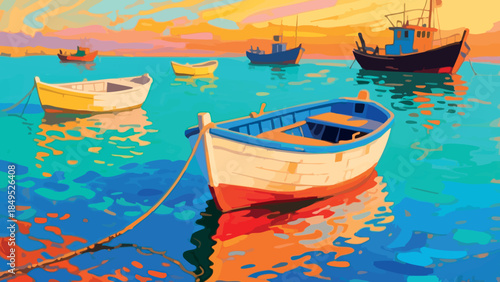 Colorful boats at sea under a vibrant sunset sky, painted in a unique style