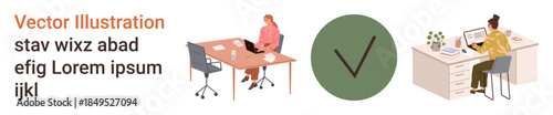 Teamwork, office management, productivity, task approval, remote work, project planning. Two individuals working at desks, green checkmark in center. Teamwork and office management concept