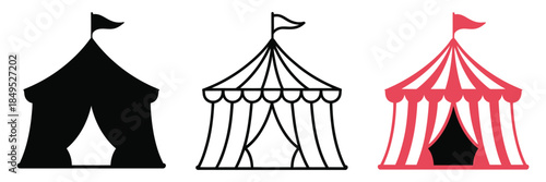 Circus Tent Icons, featuring three variations including flat solid monochrome, thin black outline, and full-color red-and-white striped flat icons for entertainment and event design