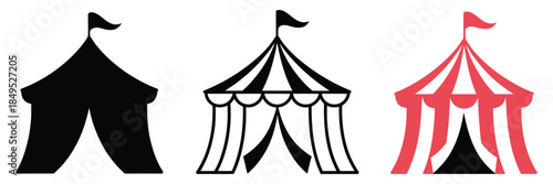 Circus Tent Icons, a vector collection of three circus tent illustrations: monochrome solid, black and white outline, and full-color red and white striped flat icon for festive design