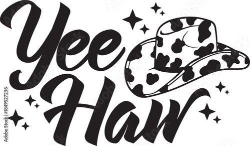 Yee haw cow print cowboy hat with sparkling stars, a fun western graphic
