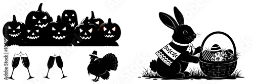 Holiday Silhouette Set with Halloween Pumpkins, Easter Bunny, and Turkey