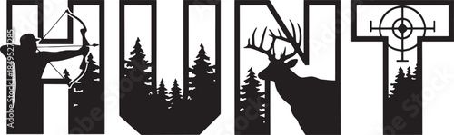 Hunting themed typography design with archer, forest, deer, and scope elements