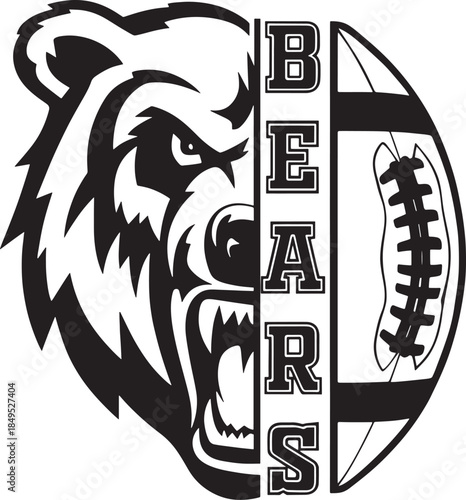 Aggressive bear head logo merged with a football and vertical 'bears' text for sports teams.