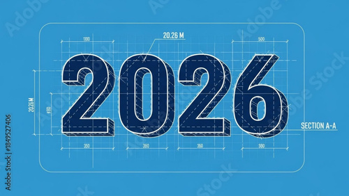 2026 Year Number 3D Blueprint Design on Blue Technical Drawing Background