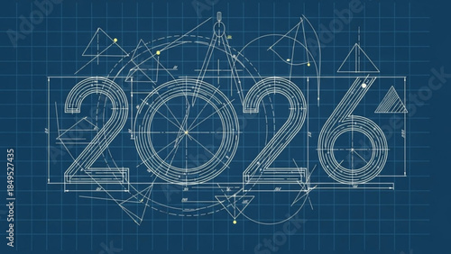 2026 Blueprint Style Technical Drawing on Blue Grid Background Symbolizing Future Planning and Design