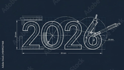 2026 Blueprint Technical Drawing Engineering Design on Dark Blue Background