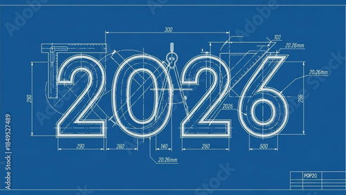 2026 Year Number as Technical Blueprint Drawing with Dimensions on Blue Background