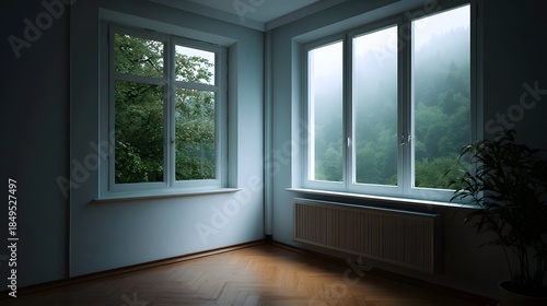 Serene room with overlooking a misty forest during twilight capturing a tranquil atmosphere