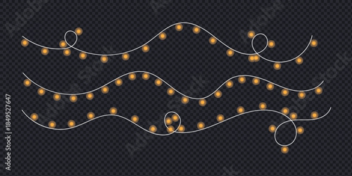 Glowing string lights create a festive and warm ambience on transparent background. glowing string lights with small, warm yellow bulbs symbol.  vector illustration.