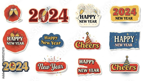 New Year 2024 Stickers Set, Happy New Year Celebration Labels, Vintage Design and Isolated on White.