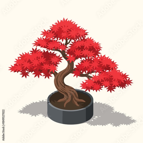 Vibrant bonsai tree with bright red leaves in modern pot