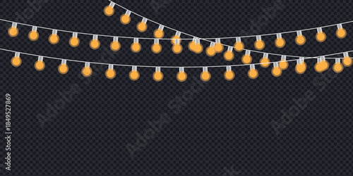 Glowing orange string lights on a transparent background for festive decorations and celebrations. Realistic Holiday Light bulb garland symbol. vector illustration.