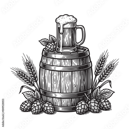 Wooden Beer Barrel with Mug and Hops