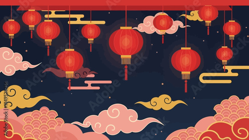 Festive Chinese New Year Lanterns and Clouds Illustration.