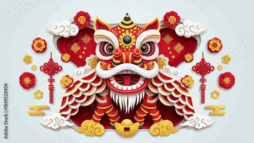 Vibrant Chinese New Year Lion Dance Paper Art Illustration.