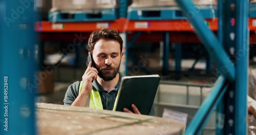 Logistics, tablet or worker with phone call in warehouse for shipment handling, order enquiry or export. Staff, man and contact supplier with tech to confirm cargo schedule, shipping status or update