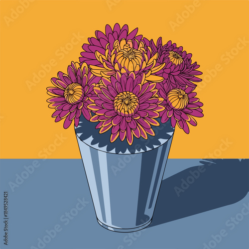 Vibrant purple and yellow flowers in a metal bucket on a colorful background