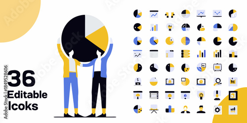 A person holding a pie chart with numerous editable icons surrounding them