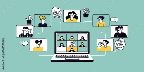 A laptop displaying a video conference with diverse people connected online