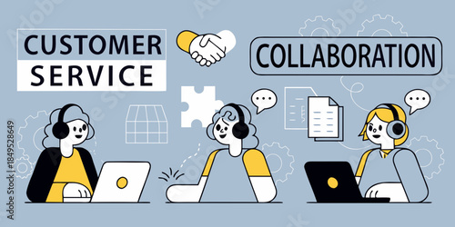Customer service collaboration operators with headsets and a handshake illustration