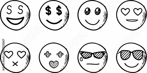 Hand drawn collection of various expressive black and white face icons