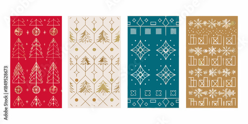 Four patterned rectangular fabrics with winter and geometric designs displayed