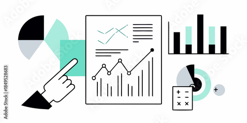 Analyzing data with charts graphs and a pointing hand illustration
