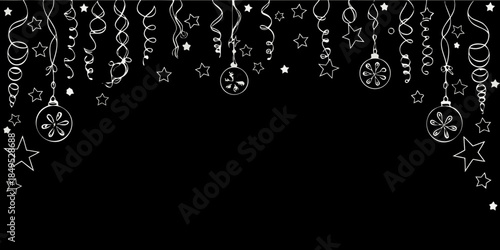 Delicate white holiday decorations of stars and ornaments on a black background