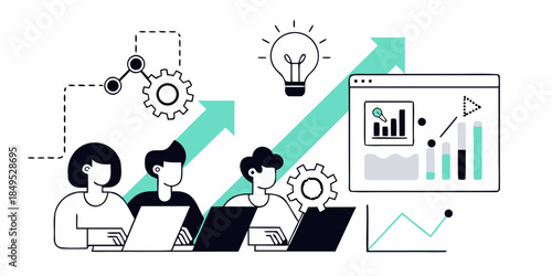 Team collaboration innovation and data analysis driving growth and success