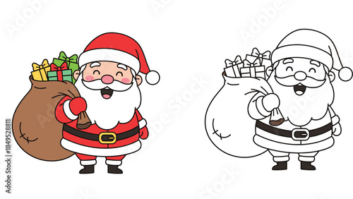 Cute cartoon Santa Claus carrying a sack of gifts vector illustration, isolated character in color and black and white line art style for coloring book page or holiday design.