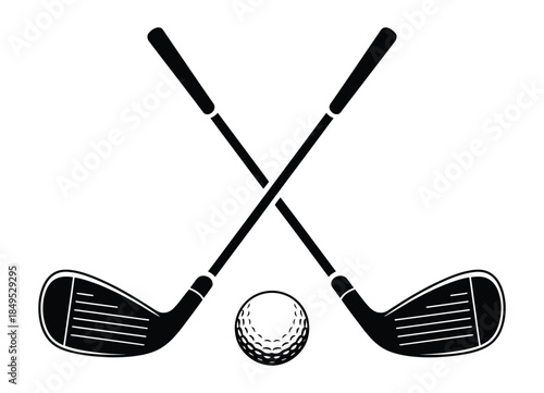 Crossed Golf Clubs and Ball Silhouette, professional vector graphic showing intersecting golf clubs with a ball