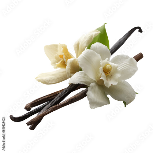 Vanilla orchid flowers with dried vanilla pods, natural flavor and fragrance concept, isolated with transparent background