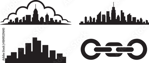 Simple cityscape silhouettes vector illustration collection on transparent background