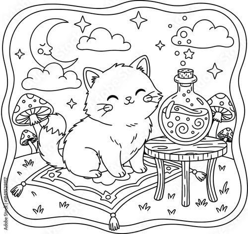 Cute Cat with Magic Potion Bottle Illustration, Smiling Kitten in Fantasy Night Scene with Moon, Mushrooms and Stars, Black and White Line Art Coloring Page