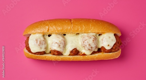 Delicious meatball sub sandwich with cheese against bright pink background