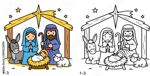 Christmas Nativity scene coloring page vector. Cute cartoon Holy Family with Mary, Joseph, Jesus, and animals in stable. Colored and outline version for kids.