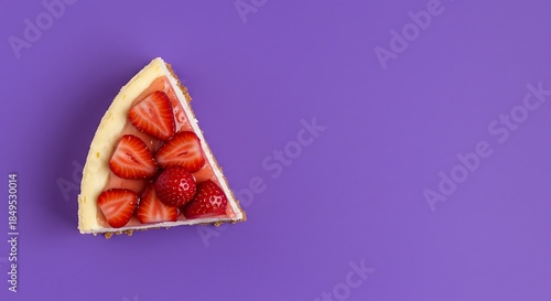 Delicious strawberry cheesecake slice on purple background flat lay