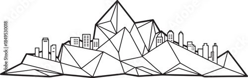 Geometric outline mountain landscape with city building simple design in abstract art