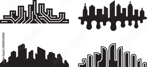 Tech and dripping style skyline with geometric urban lines on transparent background